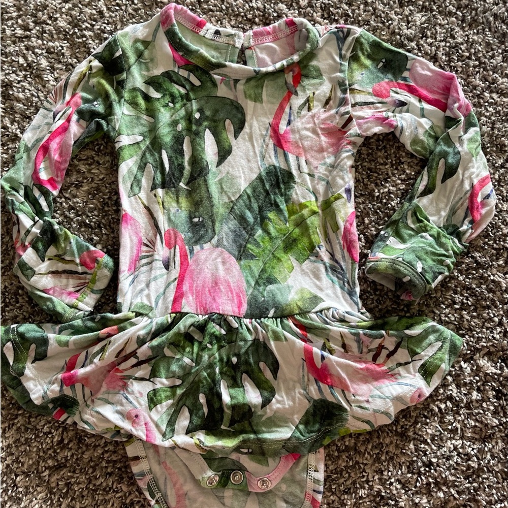 Bums & Roses 3-6 months Ruffle Skirt Bodysuit Flamingo Jungle Print